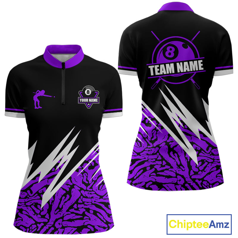Personalized 8 Ball Billiard Jersey For Women Custom Black And Purple Pool Team Shirt Polo & 1/4 Zip TDM5340