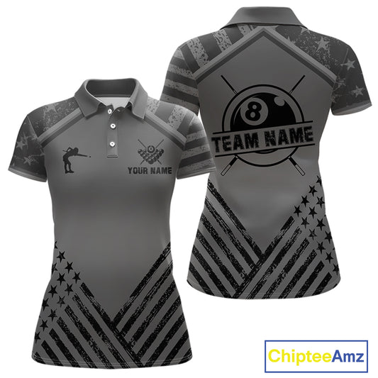 Personalized Grey US Flag 8 Ball Billiard Shirt For Women Custom Billiard Team Shirt, Pool Jerseys TDM5608