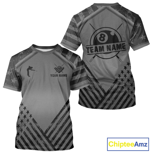 Personalized Grey US Flag 8 Ball Billiard T-Shirt For Men Custom Billiard Team Shirt, Pool Jerseys TDM5608