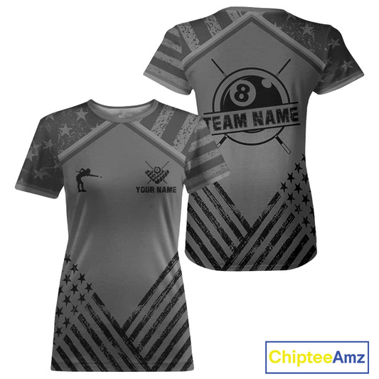 Personalized Grey US Flag 8 Ball Billiard T-Shirt For Women Custom Billiard Team Shirt, Pool Jerseys TDM5608