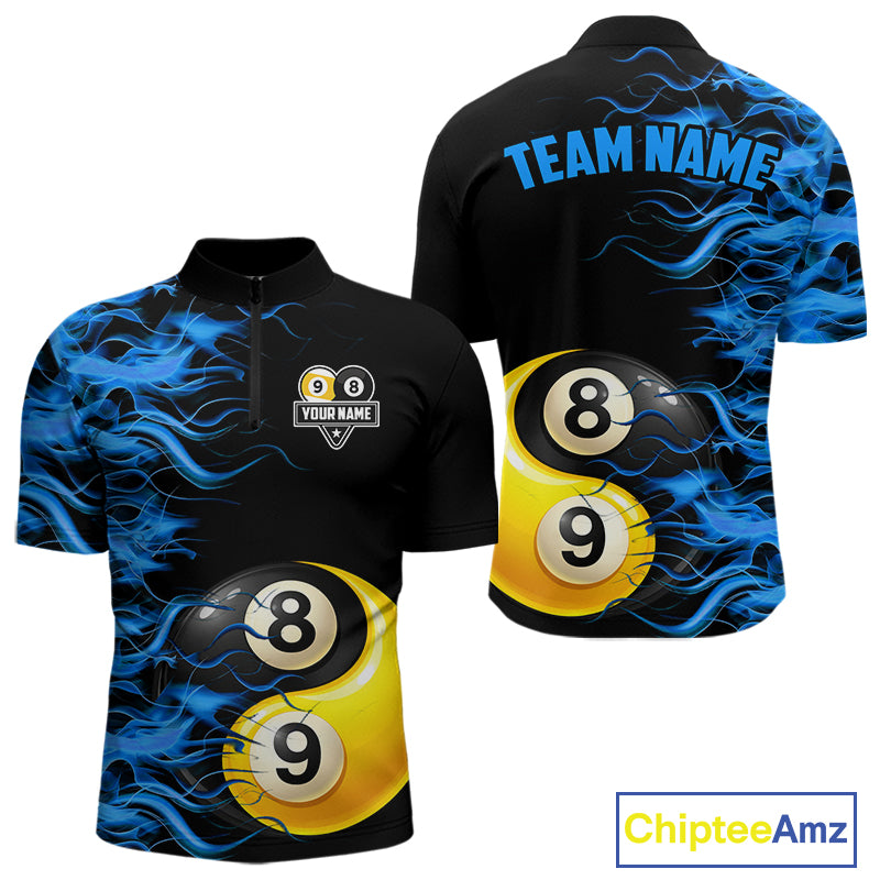 Blue Flaming 8 & 9 Ball Yin-Yang Billiard Shirt For Men Custom Pool Team Jersey Polo & 1/4 Zip TDM5984