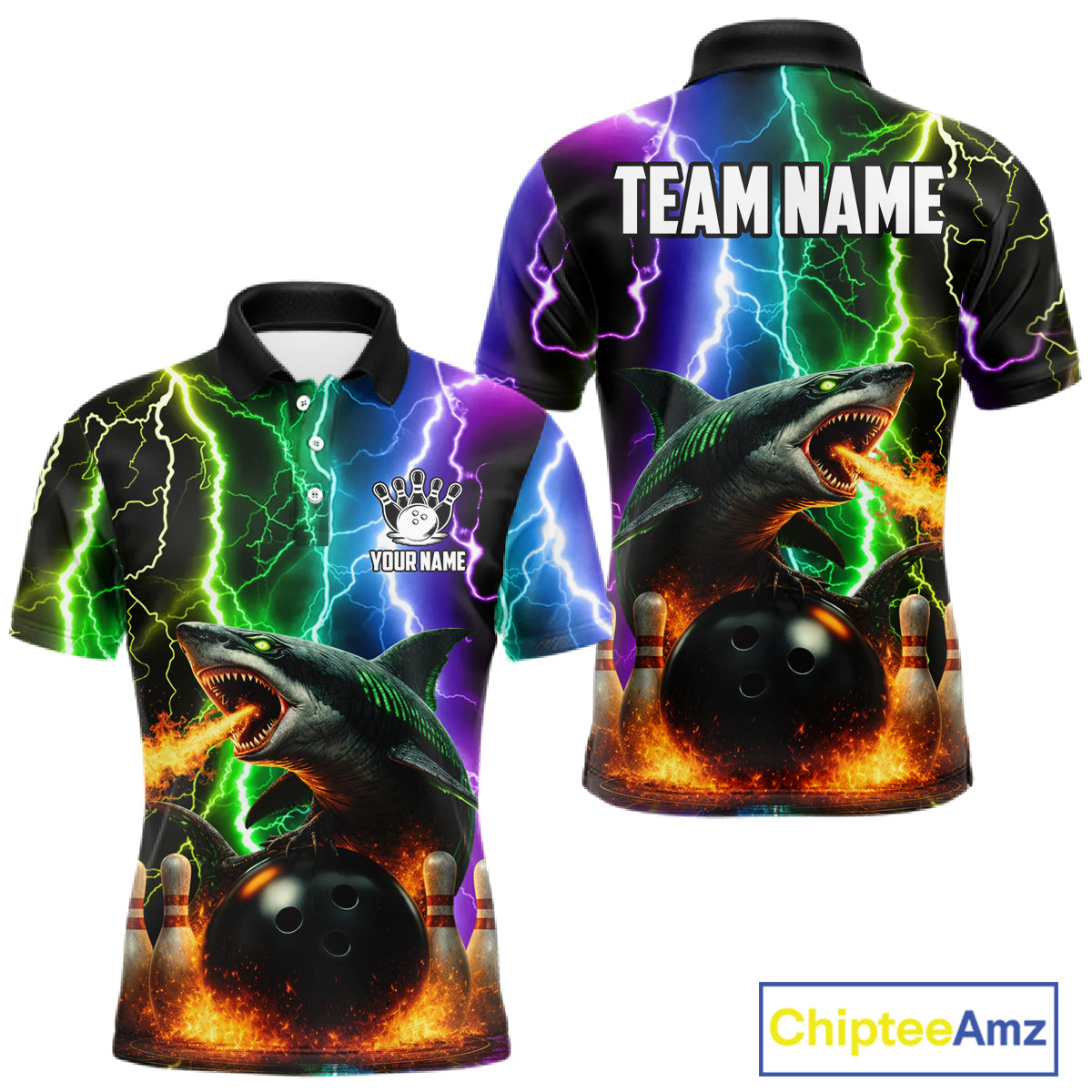 Colorful Lightning Shark Bowling Jersey For Men Custom Bowling Shirt Team Polo & Quarter Zip TDM5988