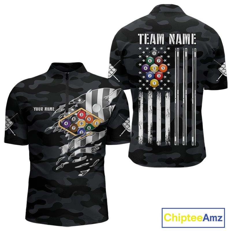 Personalized Camouflage US Flag Billiard Shirt For Men, 9 Ball Pool Team Jersey Polo & 1/4 Zip TDM5992