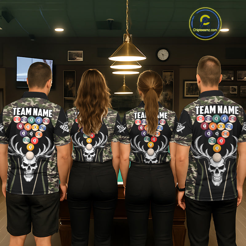 Personalized Green Camo Skull Billiard Shirt For Men, 8 Ball Billiard Team Jersey Polo & 1/4 Zip TDM5993