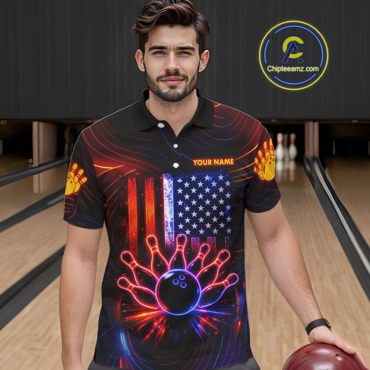 Custom Neon American Flag Bowling Shirt For Men, Patriotic Bowling Team Jersey Polo & 1/4 Zip TDM6221