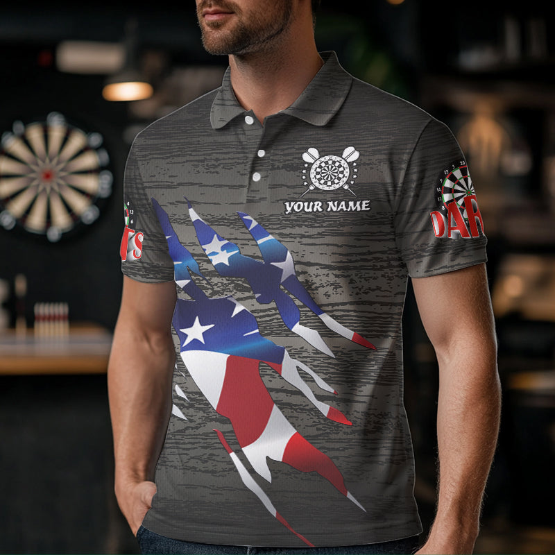 Personalized Grey Grunge American Flag Darts Shirts For Men Custom Patriotic Darts Team Jerseys TDM1558