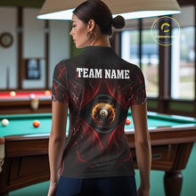 Load image into Gallery viewer, Back view of woman wearing a black and red flame pool team shirt in a billiards hall.