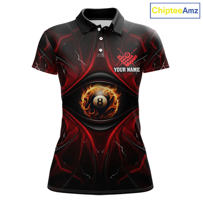 Women’s black and red flame 8 ball eyes pool polo shirt with bold billiard team graphics.