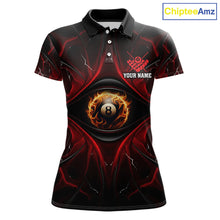 Load image into Gallery viewer, Women’s black and red flame 8 ball eyes pool polo shirt with bold billiard team graphics.