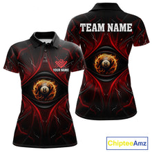 Load image into Gallery viewer, Women’s black and red flame 8 ball eyes pool polo shirt with bold billiard team graphics.