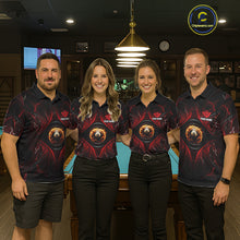 Load image into Gallery viewer, Back view of pool players wearing custom flame billiard shirts in a game room.