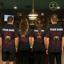 Load image into Gallery viewer, Pool team wearing matching black and red flame billiard jerseys during league play front view.