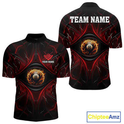 Men’s black and red flame 8 ball eyes billiard quarter zip shirt for tournaments and league matches.
