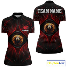 Load image into Gallery viewer, Women’s black and red flame 8 ball eyes billiard quarter zip shirt for tournaments and league matches.