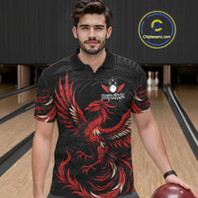 Load image into Gallery viewer, Man wearing black and red phoenix wings bowling polo shirt front view.