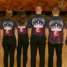 Load image into Gallery viewer, Bowling team wearing matching black and red phoenix wings jerseys back view.