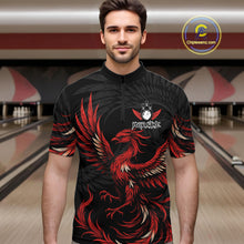 Load image into Gallery viewer, Man wearing black and red phoenix wings bowling quarter zip shirt front view.