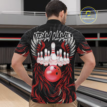 Load image into Gallery viewer, Man wearing black and red phoenix wings bowling quarter zip shirt back view.