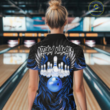 Load image into Gallery viewer, Woman wearing black and blue phoenix wings bowling polo shirt back view.