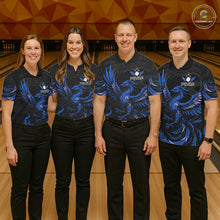 Load image into Gallery viewer, Bowling team wearing matching black and blue phoenix wings jerseys front view.