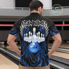 Load image into Gallery viewer, Man wearing black and blue phoenix wings bowling quarter zip shirt back view.