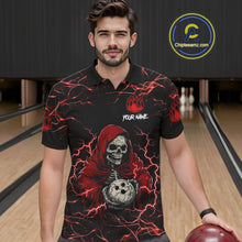 Load image into Gallery viewer, Man wearing black and red grim reaper lightning bowling polo shirt front view.