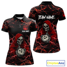 Load image into Gallery viewer, Black and red grim reaper lightning bowling polo shirt for women, custom bowling team jersey.