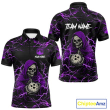 Load image into Gallery viewer, Purple grim reaper lightning bowling team polo shirt for men.