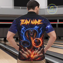 Load image into Gallery viewer, Man wearing blue lightning cobra bowling quarter zip shirt back view.