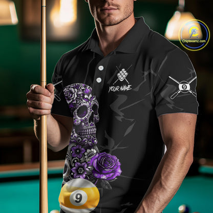 Personalized Purple Funny Skull Roses 9 Ball Billiard Shirt For Men Custom Pool Team Shirt Design TDM4478