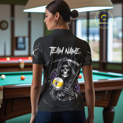 Personalized Purple Funny Skull Roses 9 Ball Billiard Shirt For Women Custom Pool Team Shirt Design TDM4478