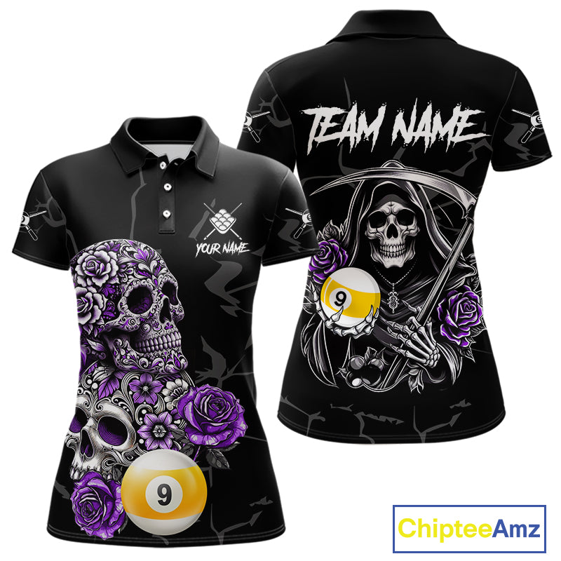 Personalized Purple Funny Skull Roses 9 Ball Billiard Shirt For Women Custom Pool Team Shirt Design TDM4478