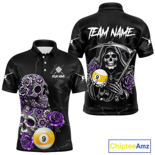 Personalized Purple Funny Skull Roses 9 Ball Billiard Shirt For Men Custom Pool Team Shirt Design TDM4478