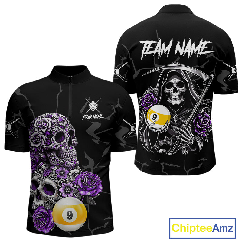 Personalized Purple Funny Skull Roses 9 Ball Billiard Shirt For Men Custom Pool Team Shirt Design TDM4478