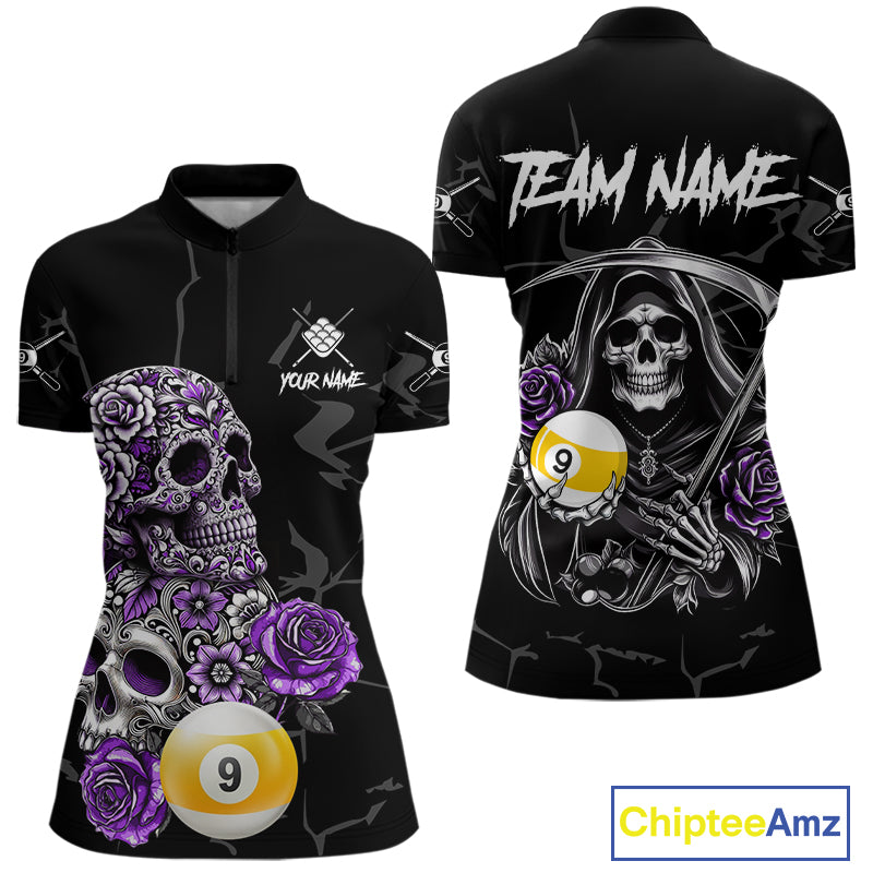 Personalized Purple Funny Skull Roses 9 Ball Billiard Shirt For Women Custom Pool Team Shirt Design TDM4478