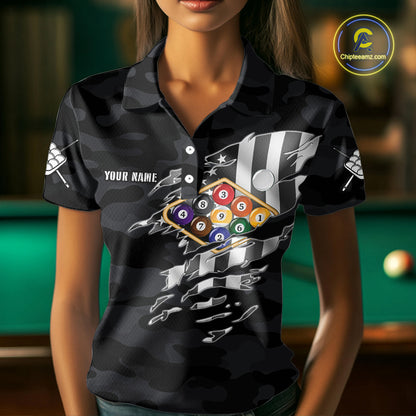 Personalized Camouflage US Flag Billiard Shirt For Women, Funny Patriotic 9 Ball Wings Pool Jersey TDM4479