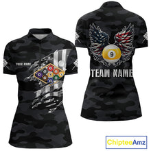 Load image into Gallery viewer, Personalized Camouflage US Flag Billiard Shirt For Women, Funny Patriotic 9 Ball Wings Pool Jersey TDM4479