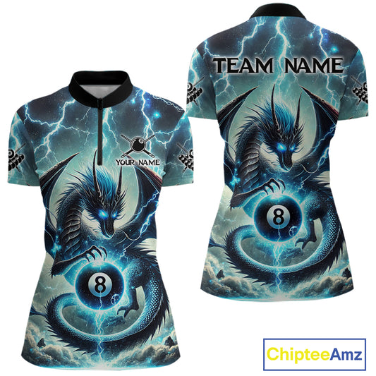 Personalized Thunder Lightning Dragon Billiard Shirt For Women, Blue 8 Ball Pool Team Jersey TDM4480