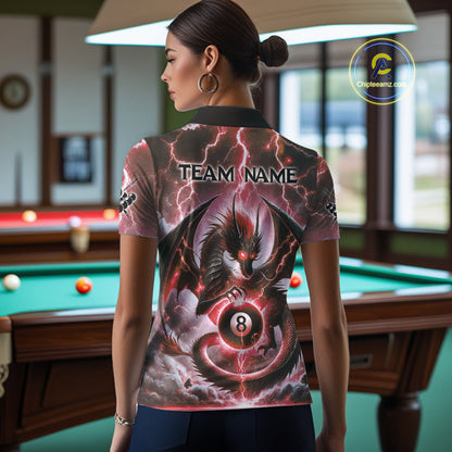 Personalized Thunder Lightning Dragon Billiard Shirt For Women, Red 8 Ball Pool Team Jersey TDM4481