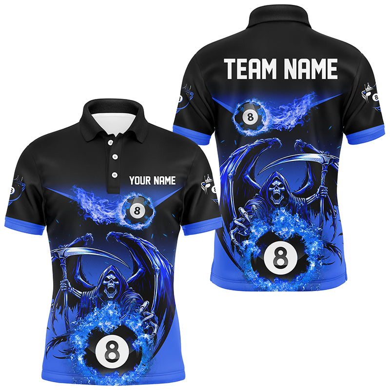 Blue Grim Reaper Flame 8 Ball Pool Billiard Shirts For Men Custom Billiard League Team Jerseys TDM2646