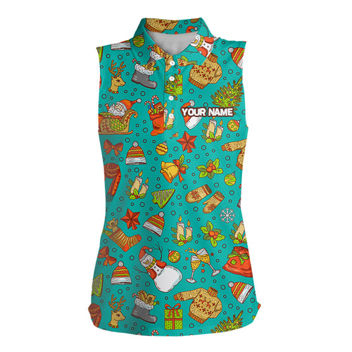 Funny Turquoise Xmas Pattern Women Sleeveless Golf Polo Shirt Custom Christmas Presents For A Golfer TDM3120