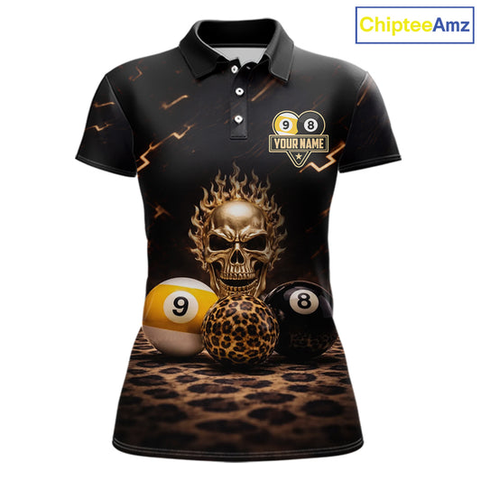 Black And Golden 8 Ball & 9 Ball Skull Billiard Shirt For Women Custom Leopard Pool Team Jersey TDM5997