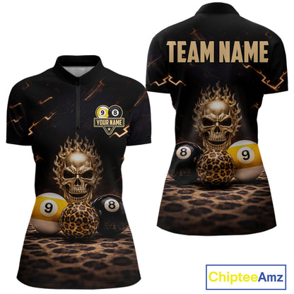 Black And Golden 8 Ball & 9 Ball Skull Billiard Shirt For Women Custom Leopard Pool Team Jersey TDM5997