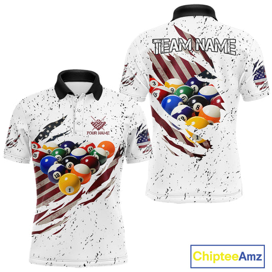 Patriotic American Flag Grunge Billiard Jersey For Men Custom Billiard Shirt Polo & 1/4 Zip |White TDM3819