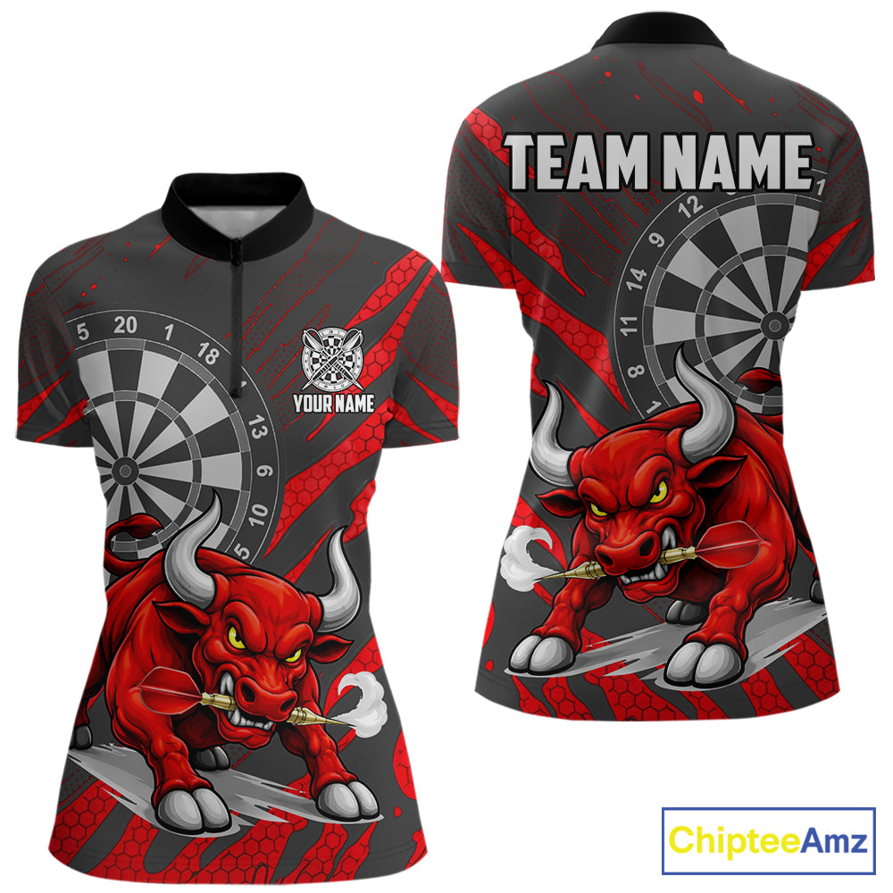 Black And Red Funny Bull Darts Shirt For Women Custom Darts Team Jersey Polo & Quarter Zip Shirt TDM6237