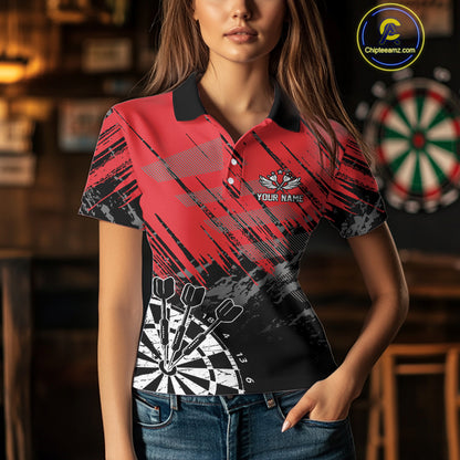 Red Black Grunge Darts Shirts For Women Custom Dart Jersey With Pocket Option TDM4107