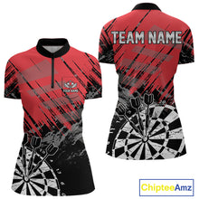Load image into Gallery viewer, Red Black Grunge Darts Shirts For Women Custom Dart Jersey With Pocket Option TDM4107