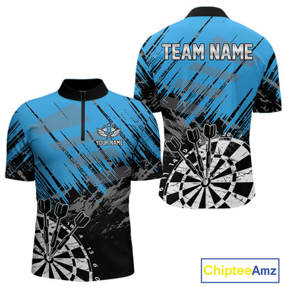 Blue Black Grunge Darts Shirts For Men Custom Dart Jersey With Pocket Option TDM4108