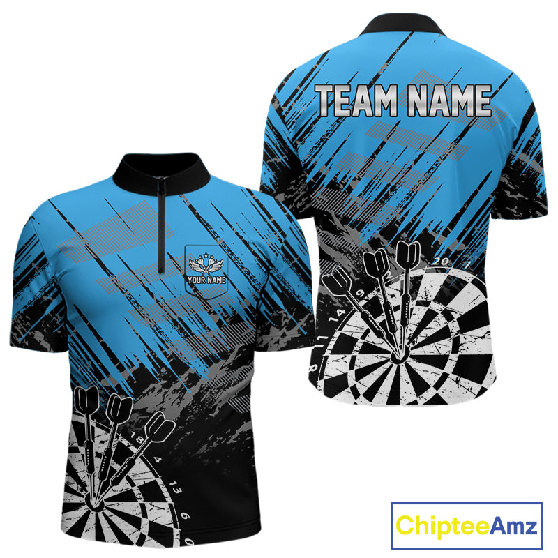 Blue Black Grunge Darts Shirts For Men Custom Dart Jersey With Pocket Option TDM4108