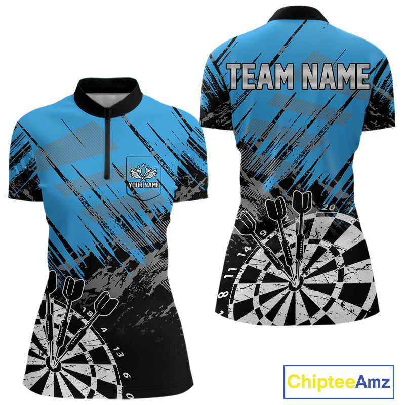 Blue Black Grunge Darts Shirts For Women Custom Dart Jersey With Pocket Option TDM4108